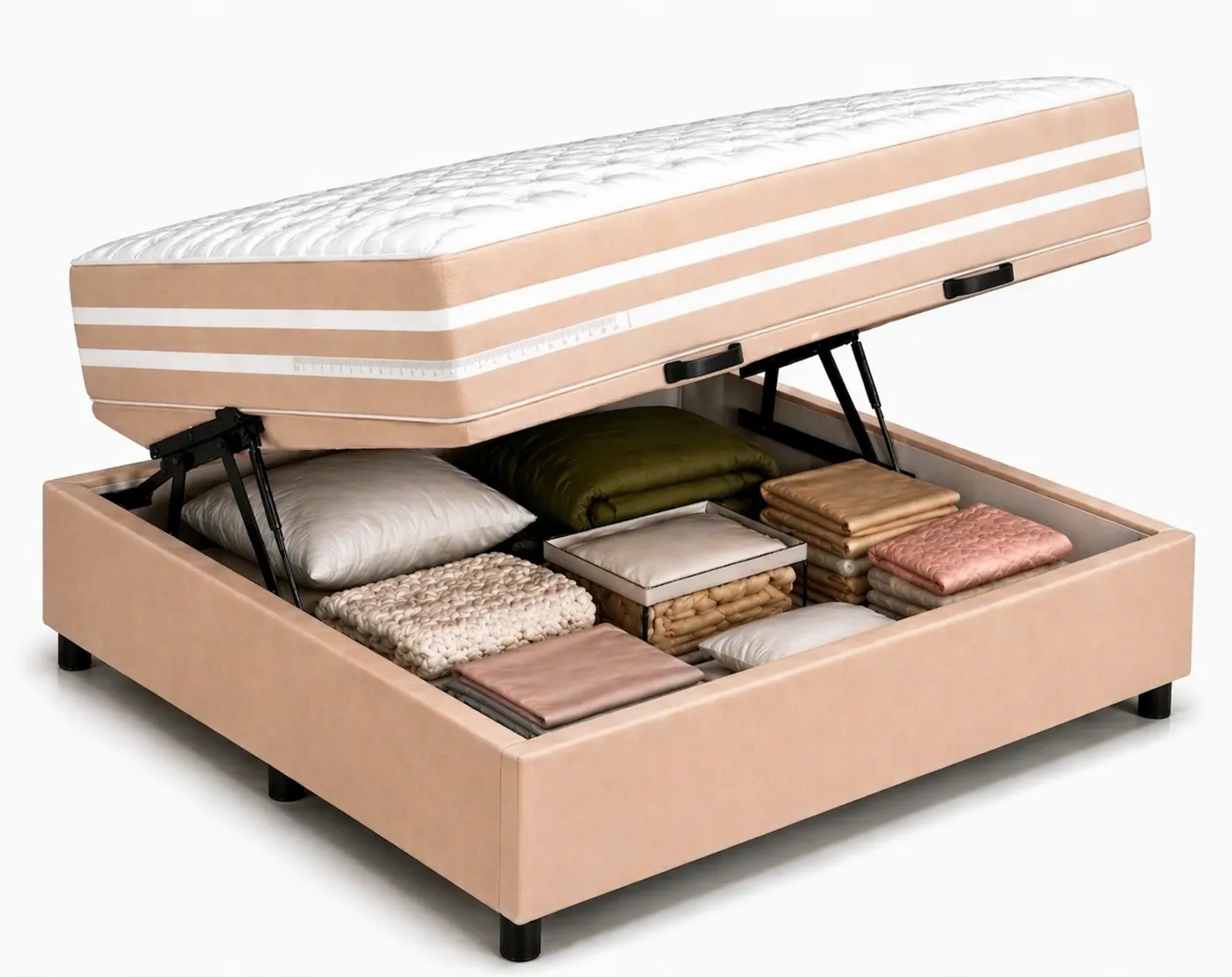 Kit Cama Box Baú + Colchão Mola Ensacada Casal 1,38m - Bege