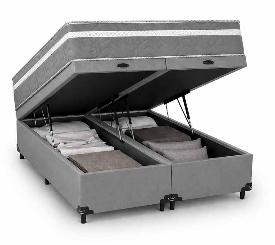 Kit Cama Box Baú + Colchão Mola Bonnel King 1,98m - Cinza